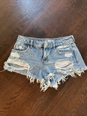 Zara Light Blue Distressed Denim Cutoff Shorts with Frayed Hem